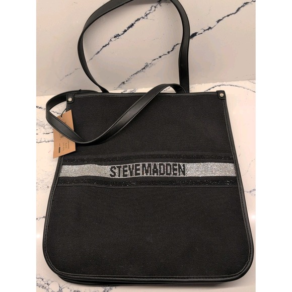 Steve Madden Handbags - Steve Madden City Tote Bag Purse Black Canvas Sequins Detachable Small Bag NWT